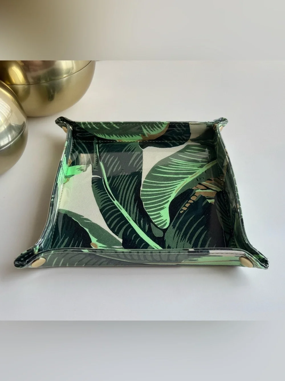 Mark & Graham Clear Coated Catchall in Martinique Palm Leaf Print Gold Snaps